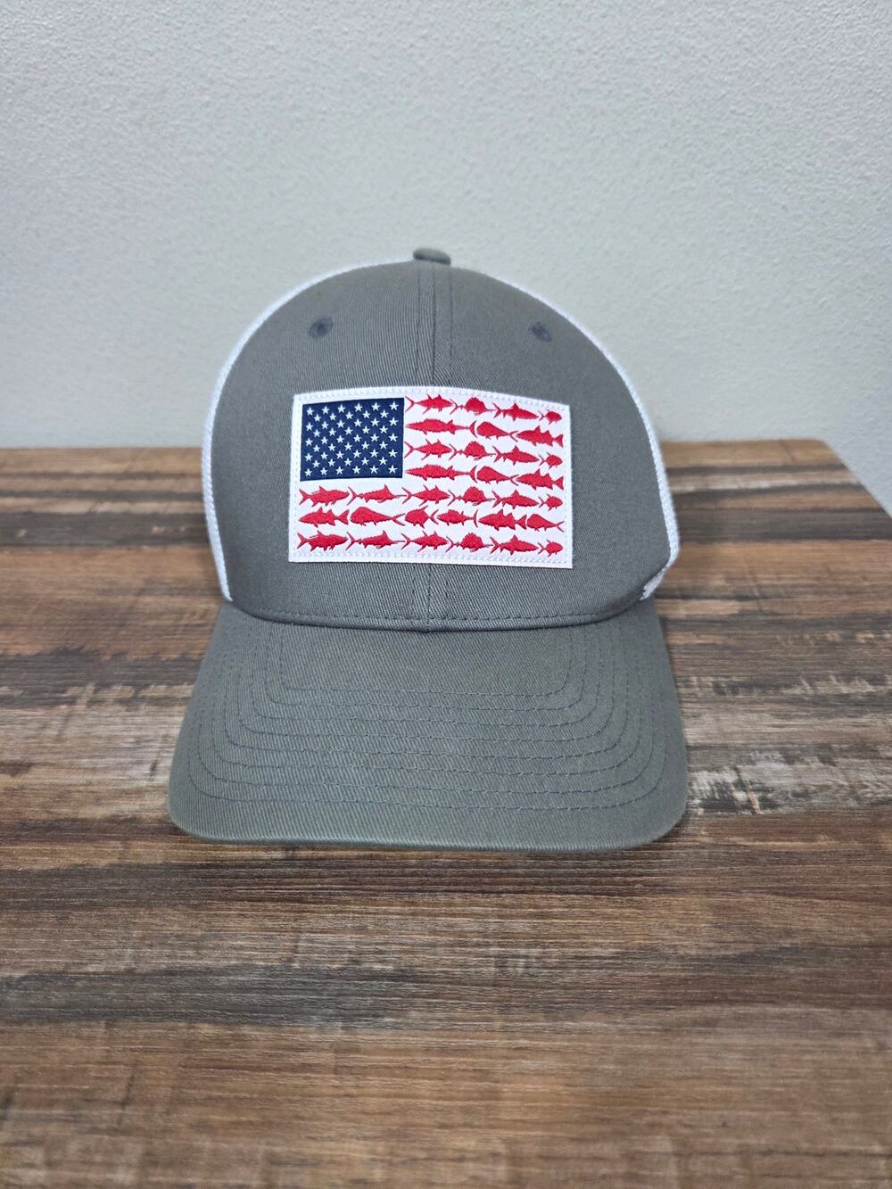 Columbia PFG Mesh Fish Flag Snapback Hat Moss Green & White Camp Core L/XL